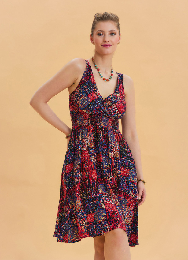 V Neck Robe Red Patterned Ethnic Dress 4515